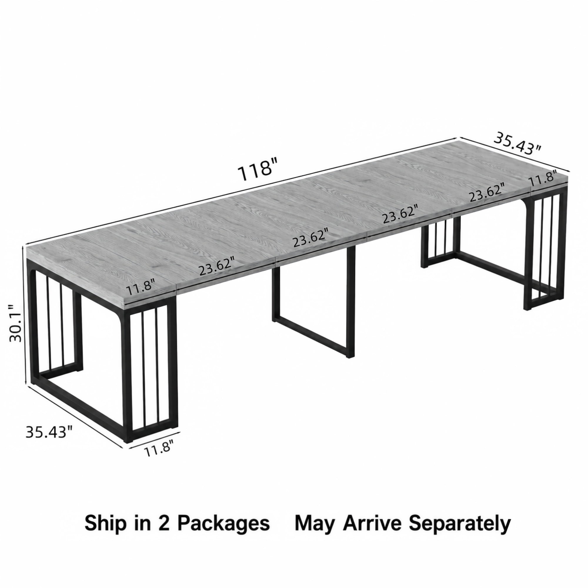 BSHTI 23.62"-118" MDF Extendable Rectangular Dining Table with Metal Base, Wood Grain Top for Kitchen/Dining Room（Ancient White）