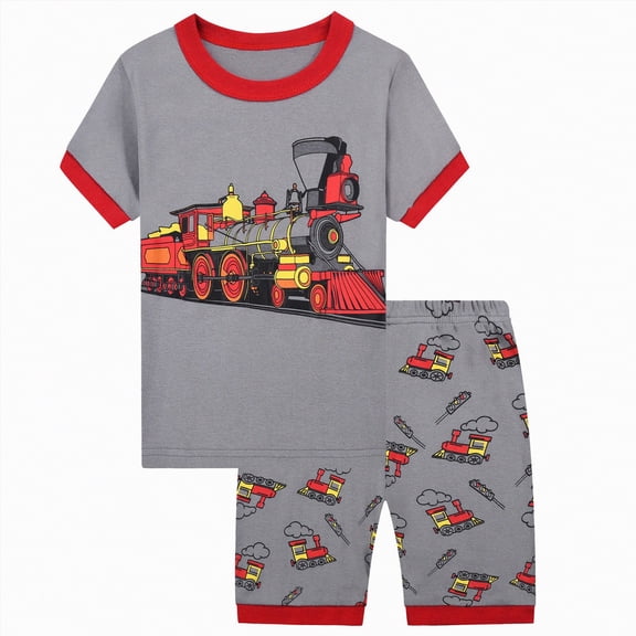 TOWED22 Toddler Baby Boy Summer Clothes 2pcs Dinosaur Truck Print Round Neck Short Sleeve Shirt Top Elastic Waist Shorts Outfits(Grey,120/6)