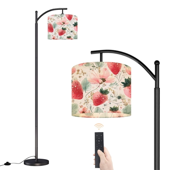 Arc Floor Lamp with Adjustable Lampshade Watercolor Strawberry Floral Soft Pink Green Details Standing Lamp 3 Color Temperatures Dimmable Tall Pole Lamp with Foot Switch for Bedroom