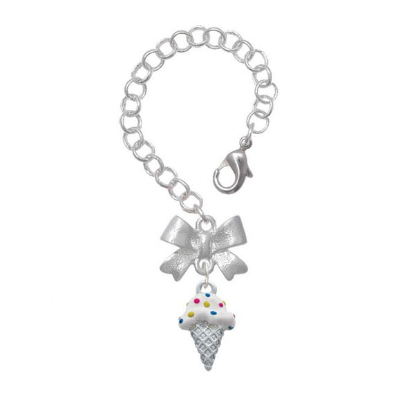 Delight Jewelry Silvertone 2-D Vanilla Ice Cream Cone with Sprinkles - Silvertone Bow Charm Accessory for Tumblers and Thermal Cups