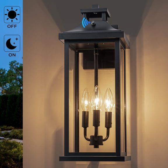 C Cattleya 19.5inch 3-Light Matte Black Dusk to Dawn Outdoor Wall Lantern with Clear Tempered Glass