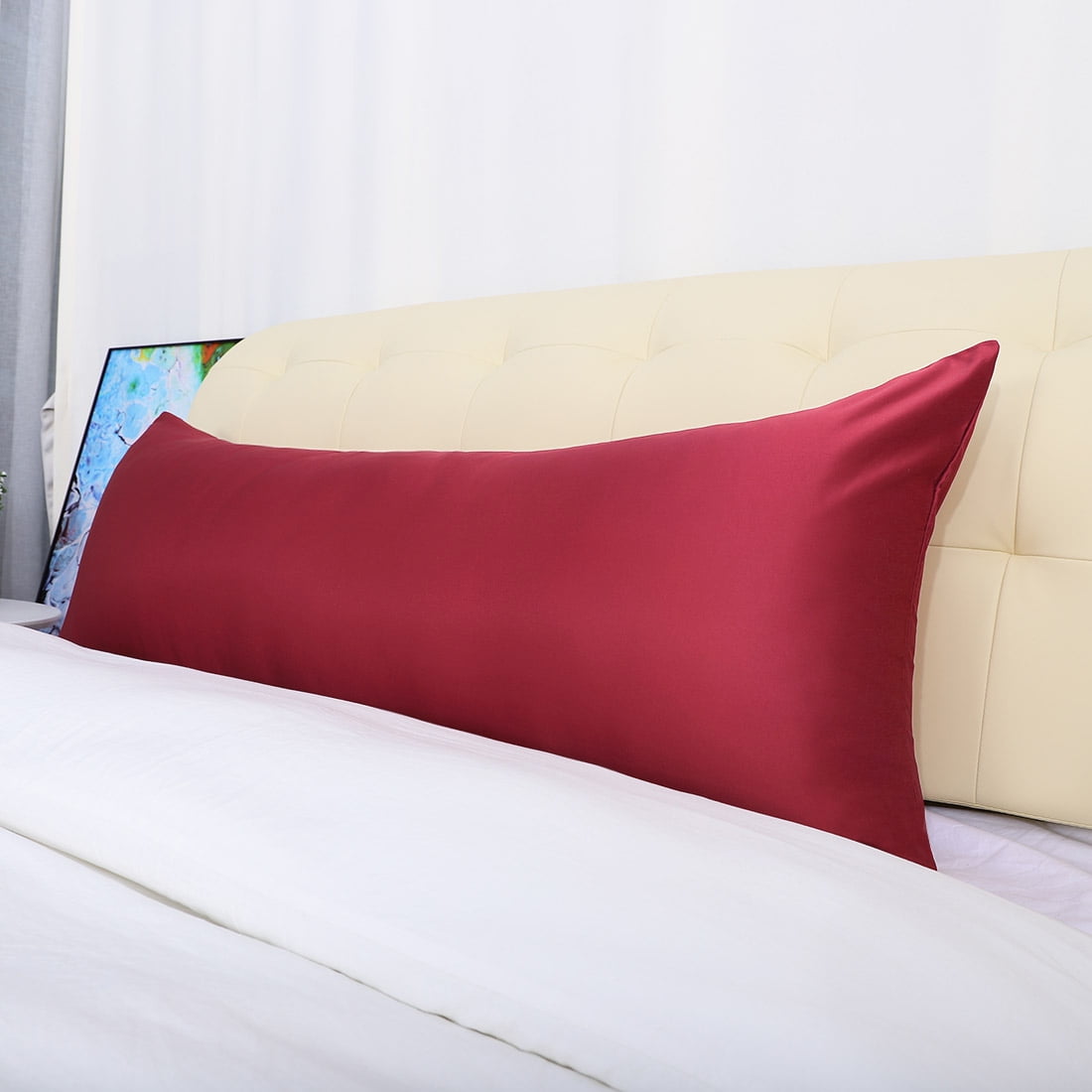 Unique Bargains Luxury Silky Satin Body Pillow Case Wine Red 20" x 54"