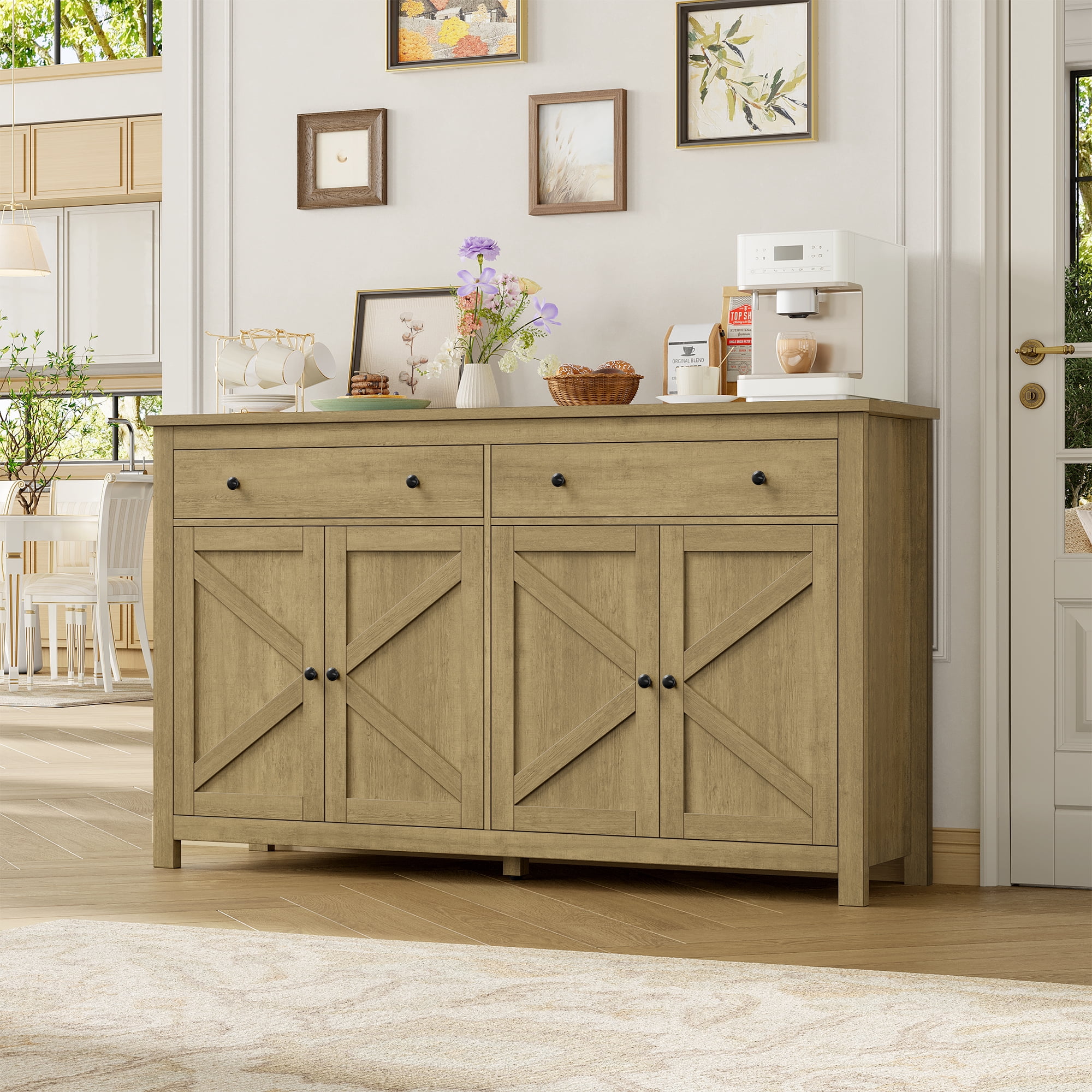 Homfa Farmhouse Kitchen Sideboard, 4-Doors 2-Drawers Wood Buffet ...