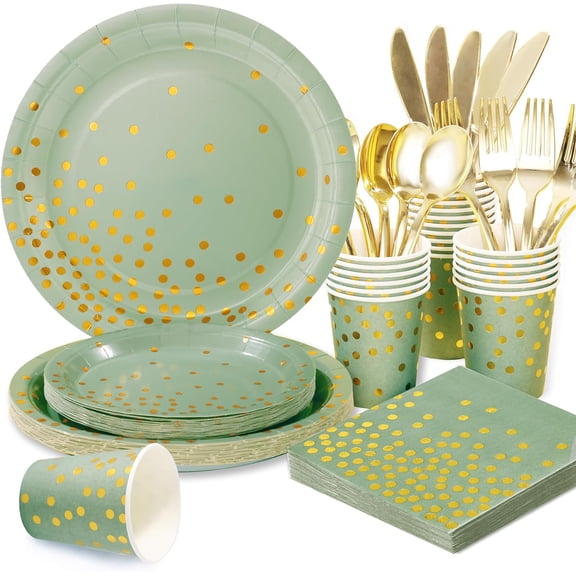 175 Pcs Sage Green Plates and Napkins Party Supplies - Sage Green Paper Plates Serve 25 Guests - Sage Green and Gold Disposable Plates Sets for Holiday Wedding Birthday Party Decoration