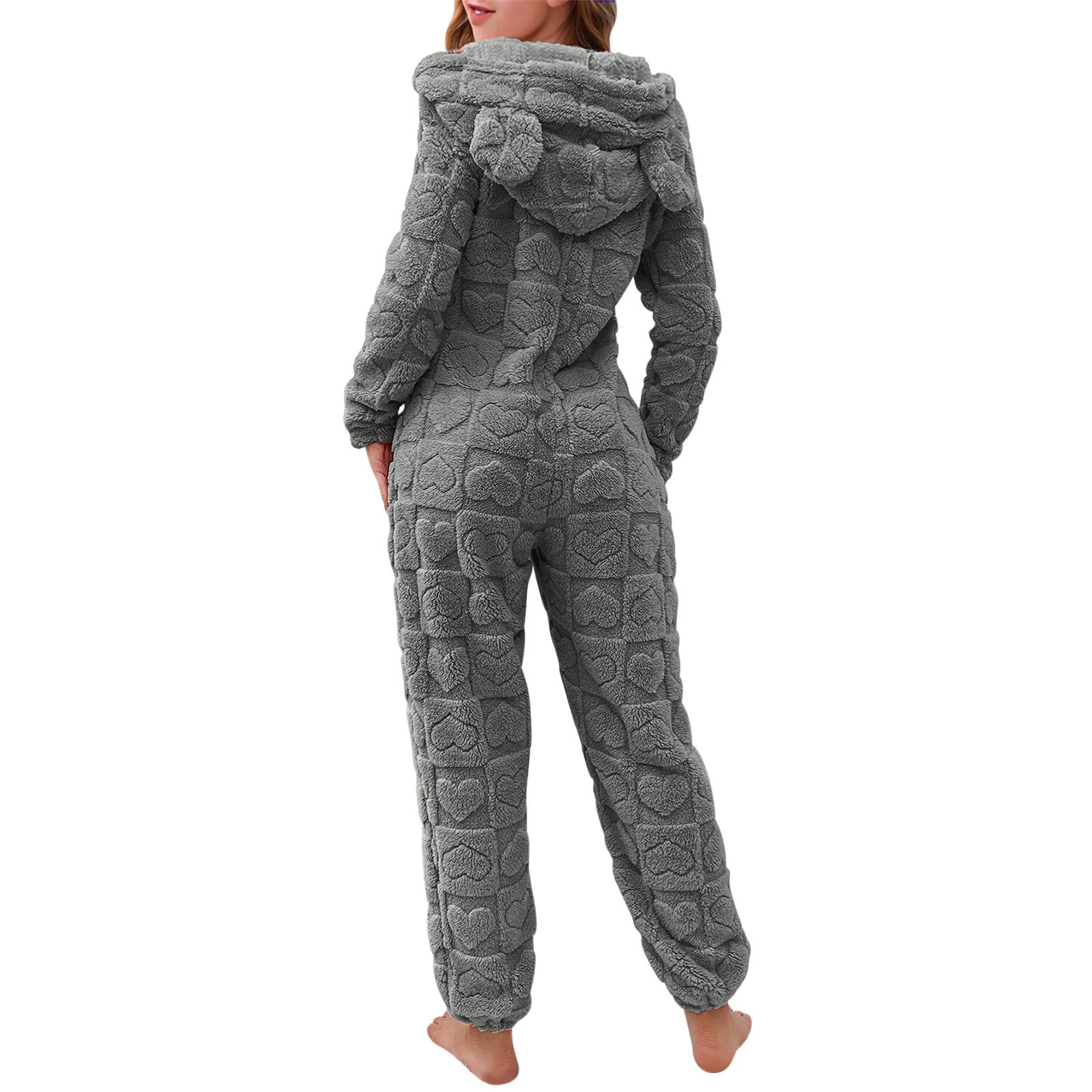 BiZtdJrK Women's Furry Sherpa Onesie Pajamas Fashion Heart Jacquard Jumpsuits Cute Ear Hood Romper Lounge Sleepwear, Dark Gray, S