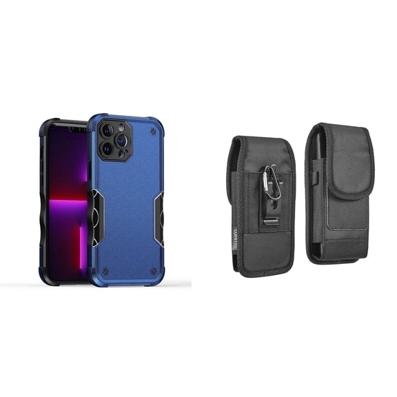 Case with Belt Holster Bundle for iPhone 14 Pro Max: Slim EX Hybrid Series Shockproof Case (Blue) and Vertical Rugged Nylon Phone Pouch