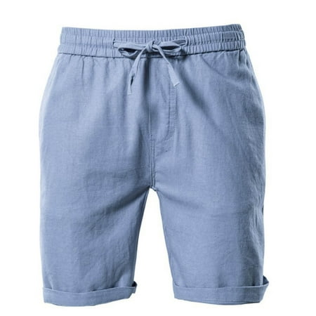 

Mens Shorts Summer Fashion Cotton Linen Casual Short Pants Buttons Lacing Waist Pockets Short Pants Blue L