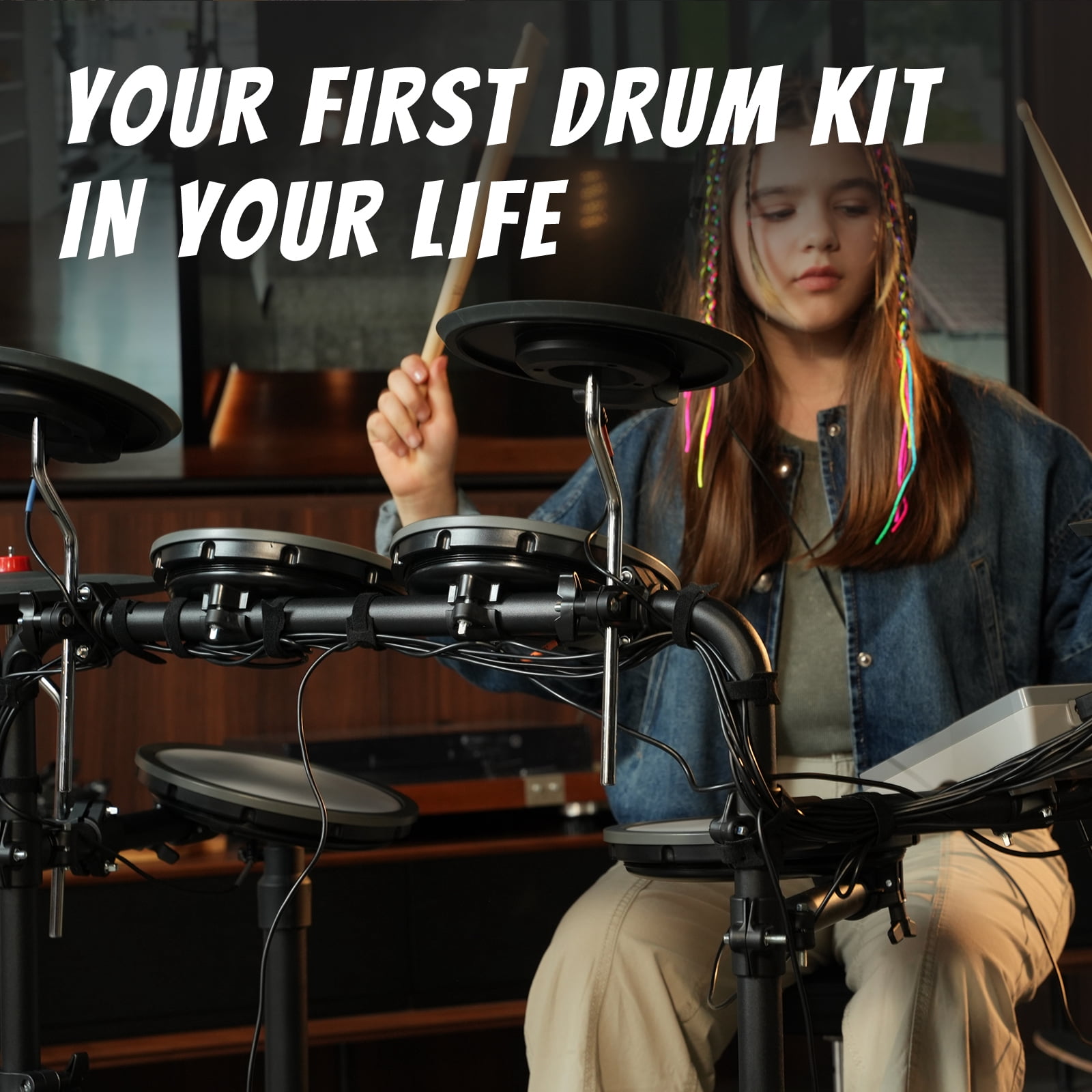 HAMPBACK MK-0 Plus Electric Drum Set for Beginner  5" Kick Drum, Quite Mesh Pads, Full Rubber Crash, 12 Drum Kits and 74 Sounds, Bluetooth, Throne, Sticks, Headphones.