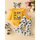 thumbnail image 3 of Cute Cow Print Outfit - Long Sleeve Flutter Sleeve Infant Romper + Bowknot Flared Trousers + Headband Baby Girls 3pcs Set, 3 of 5