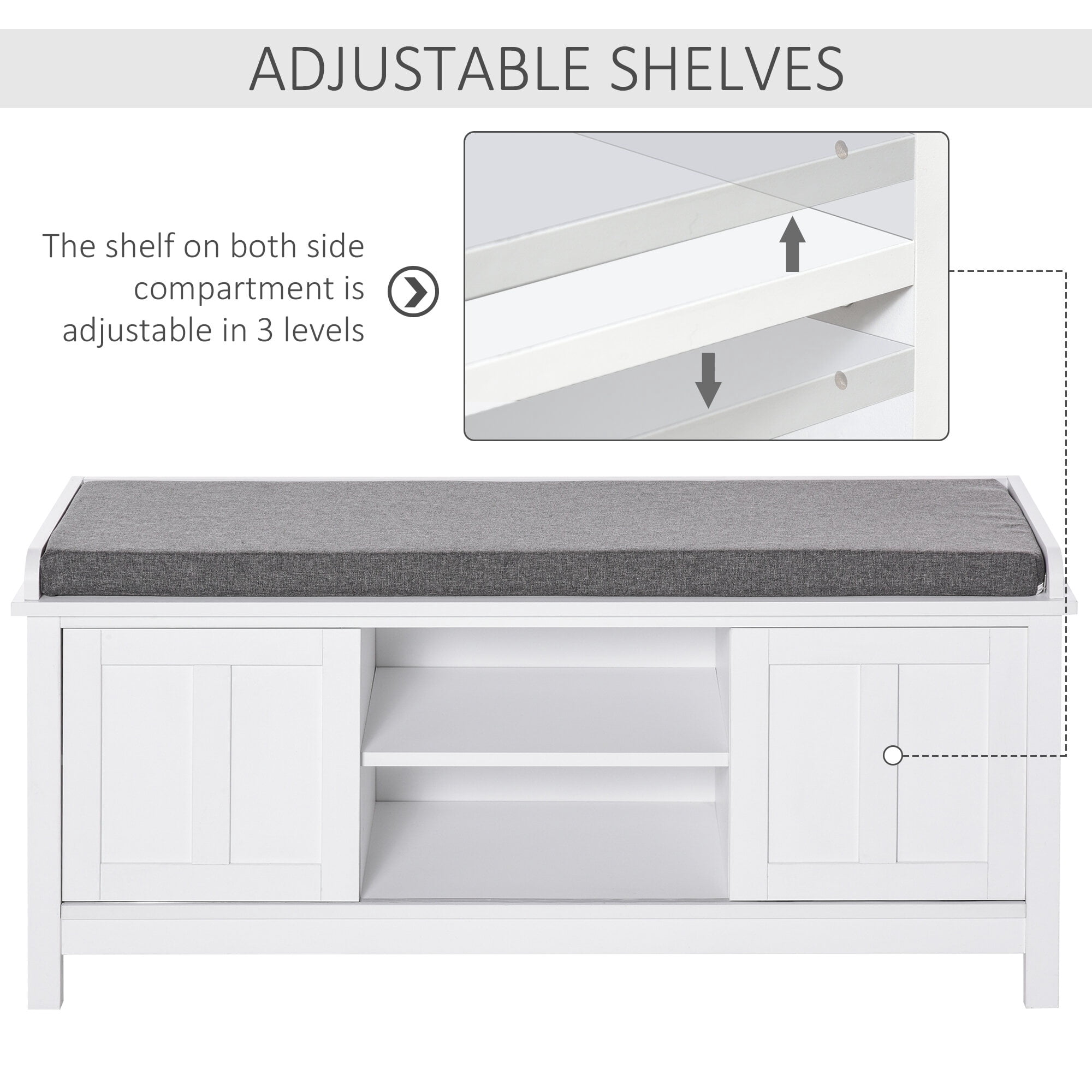 Indoor Storage Benches, HOMCOM Entryway Shoe Bench Storage Ottoman with Sliding Doors, Adjustable Shelving, 6 Compartments, and Padded Seat, Holds 10 Pairs, White, White Wooden Storage Benches