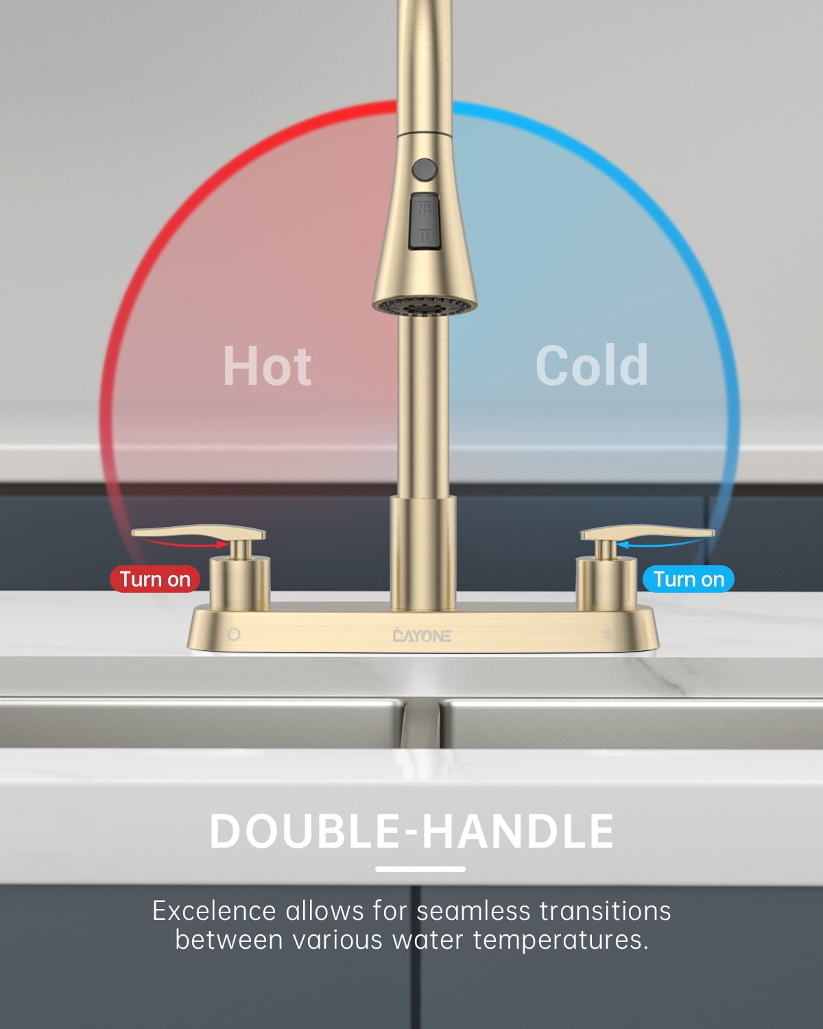DAYONE Brushed Gold 2 Handle Kitchen Faucet with Pull Down Sprayer, 4 Holes Sink Faucets for Kitchen/RV with Soap Dispenser Stainless Steel