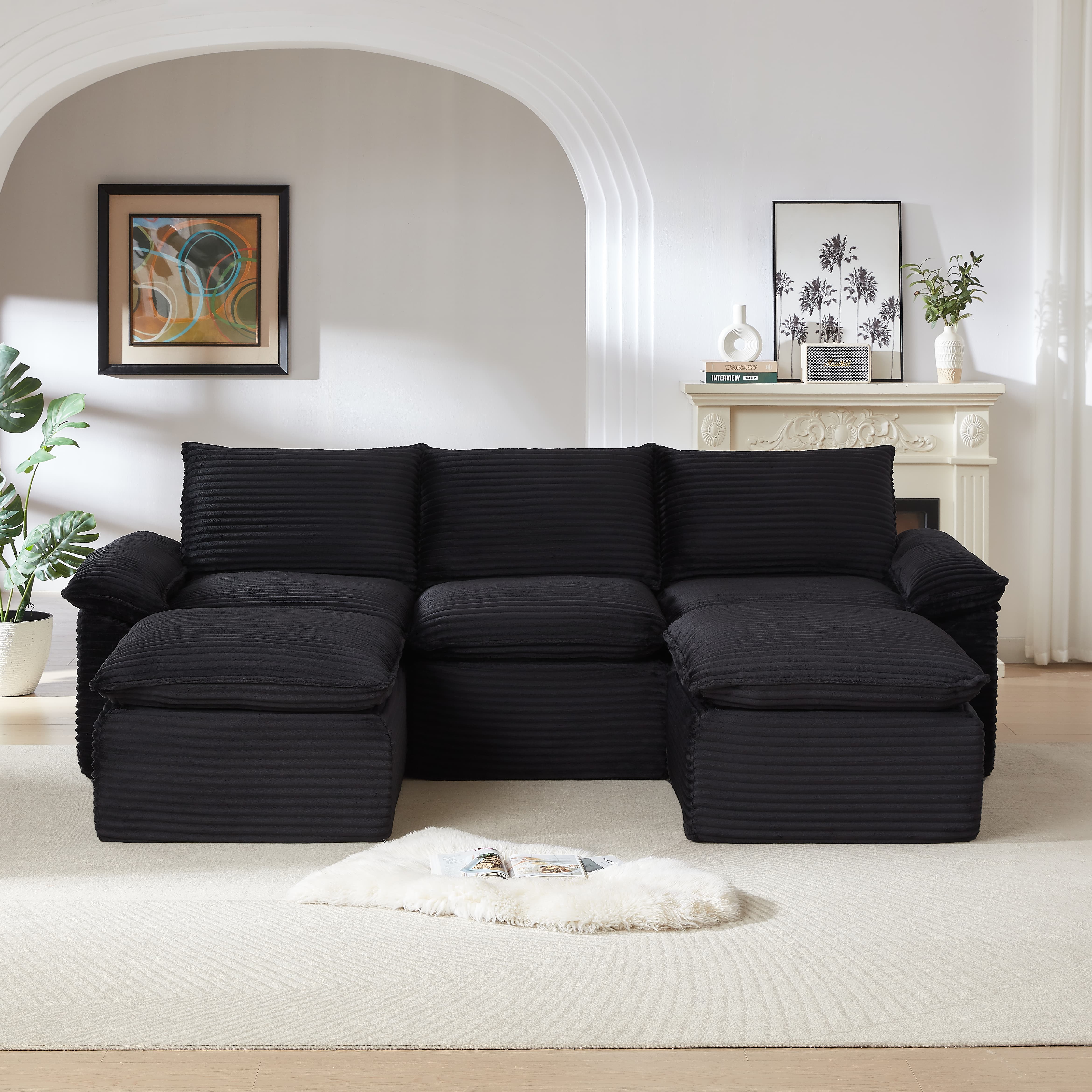 MAYEERTY Modern Modular Corduroy Sofa, Black Cloud-Soft Sectional Couch for Apartment