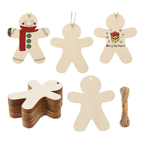 50PCS Unfinished Wood Gingerbread Man Ornaments Cutouts Blank Wood Gingerbread Men Hanging Decor with Twine