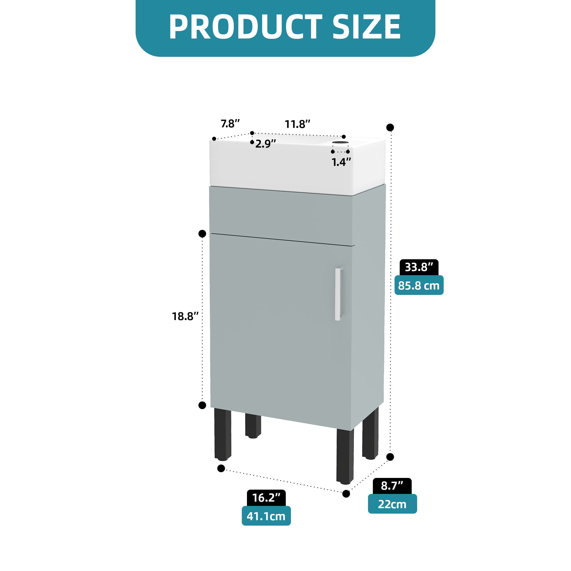 Uforic 16" Modern Free Standing Bathroom Vanity with Undermount Sink, Soft Close Door & Storage Cabinet, Gray