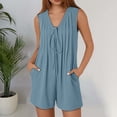 thumbnail image 2 of DHFJKG Womens Summer Romper V Neck Solid Solor Sleeveless Pleated Shorts Straight Leg Trousers With Pockets Beach Vacation Clothes Versatile Onesie, 2 of 7