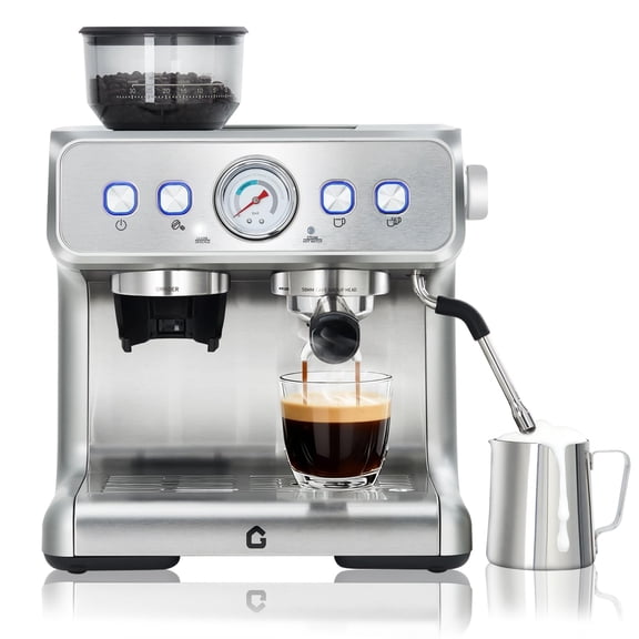Stainless Steel Espresso Machine with Grinder,20 Bar Pressure & 1400W Powerful Steam, Large Removable Water Tank & Self-Cleaning for Home & Office