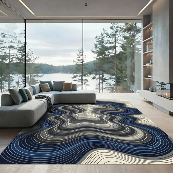 ODIKA 4' x 6' Machine Washable Non-Slip Area Rug, abstract geometric High Traffic Rug, Blue, 995917