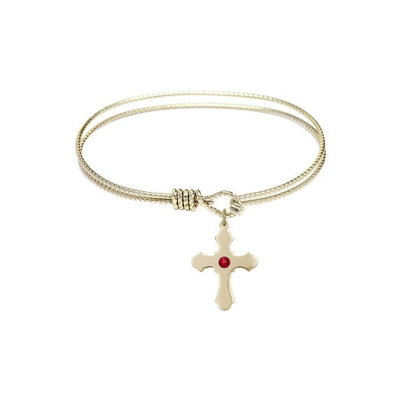 7 1/4 inch Oval Eye Hook Bangle Bracelet w/ Cross medal charm w/ July Red Swarovski Crystal