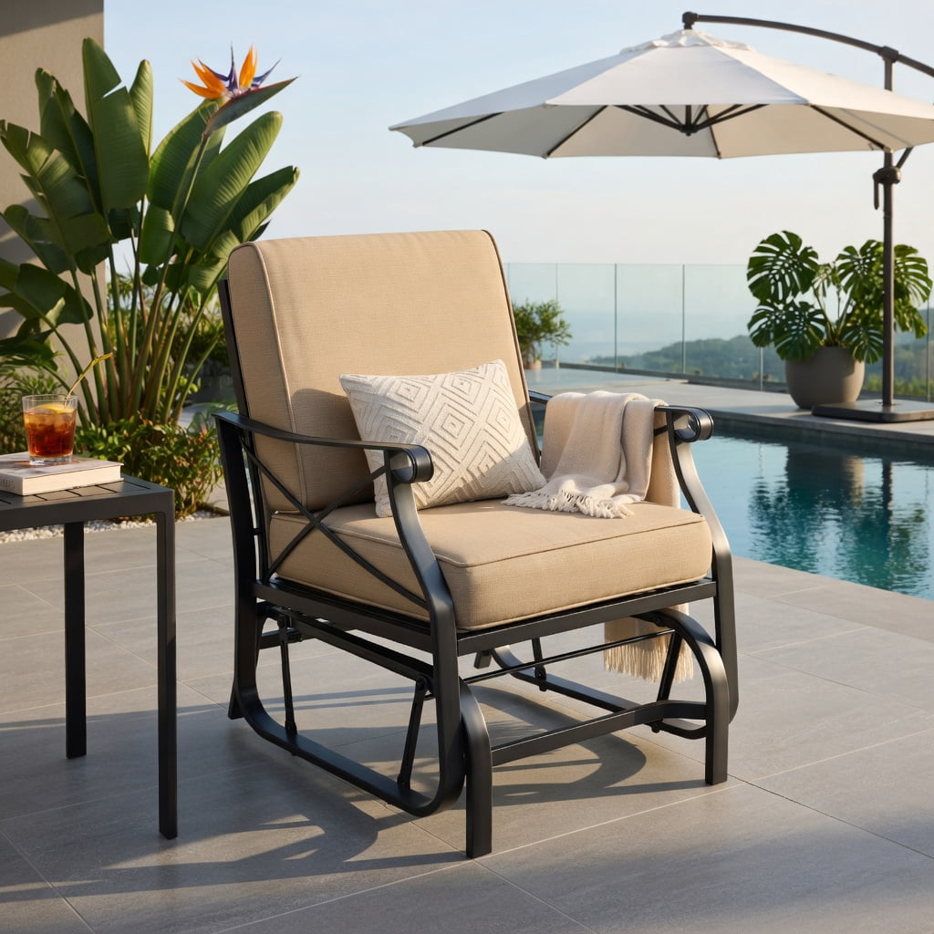 Hommoo Patio Glider Rocking Chair with Black Metal Frame, Thick Breathable Cushions & Smooth Quiet Glide, Outdoor Porch, Deck or Backyard Seating, Beige