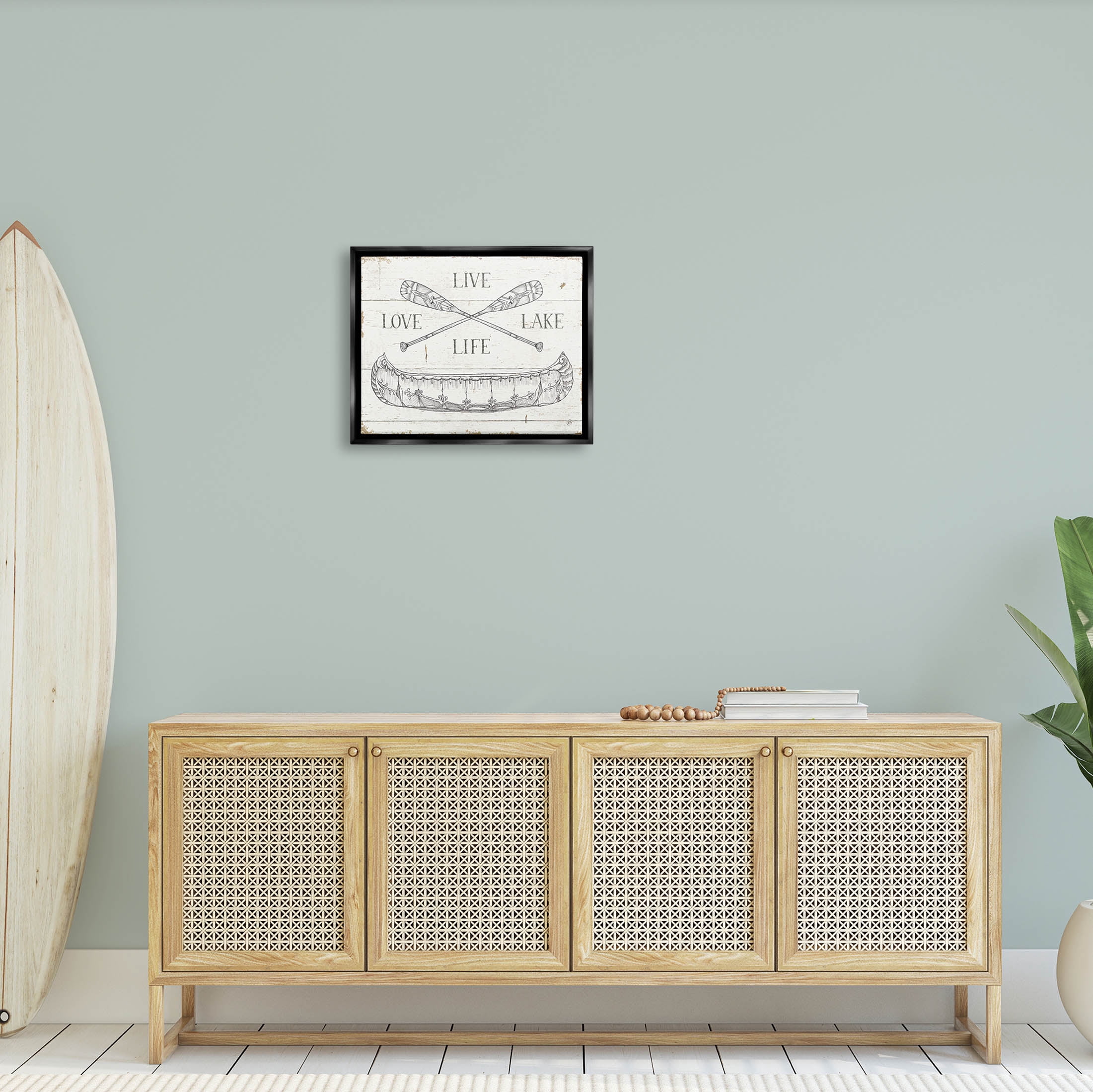 Stupell Industries Live Love Lake Rustic Canoe Oars Graphic Art Jet Black Floating Framed Canvas Print Wall Art, Design by Daphne Brissonnet