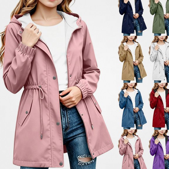 HAOTAGS Girls Outdoor Jacket (5-16) Drawstring Long Sleeves Waterproof Zipper Hooded Oxford Cloth Outerwear Pink Size 9