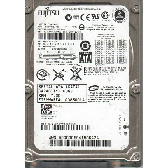 MHW2080BJ G2, PN CA06855-B30500DL, Fujitsu 80GB SATA 2.5 Hard Drive