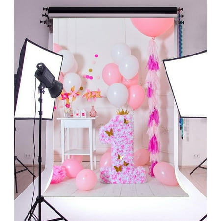 GreenDecor Polyster 5x7ft Photography Background Sweet Pink and White Balloons First Birthday Decorations One Year Old Girls Kids Baby Newborn Photo Backdrops Portraits Shooting Video (Best First Camera For Photography)