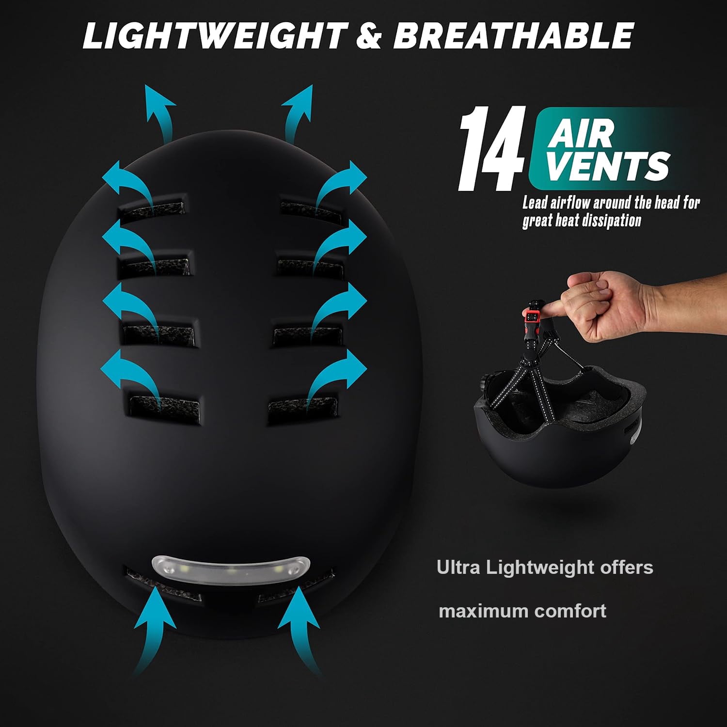 Adult Bike Helmet with Light - Bicycle Helmets Men - Women - Front and Back LED Lights Adjustable Cycling Helmet for Urban Commuter Biking Scooter