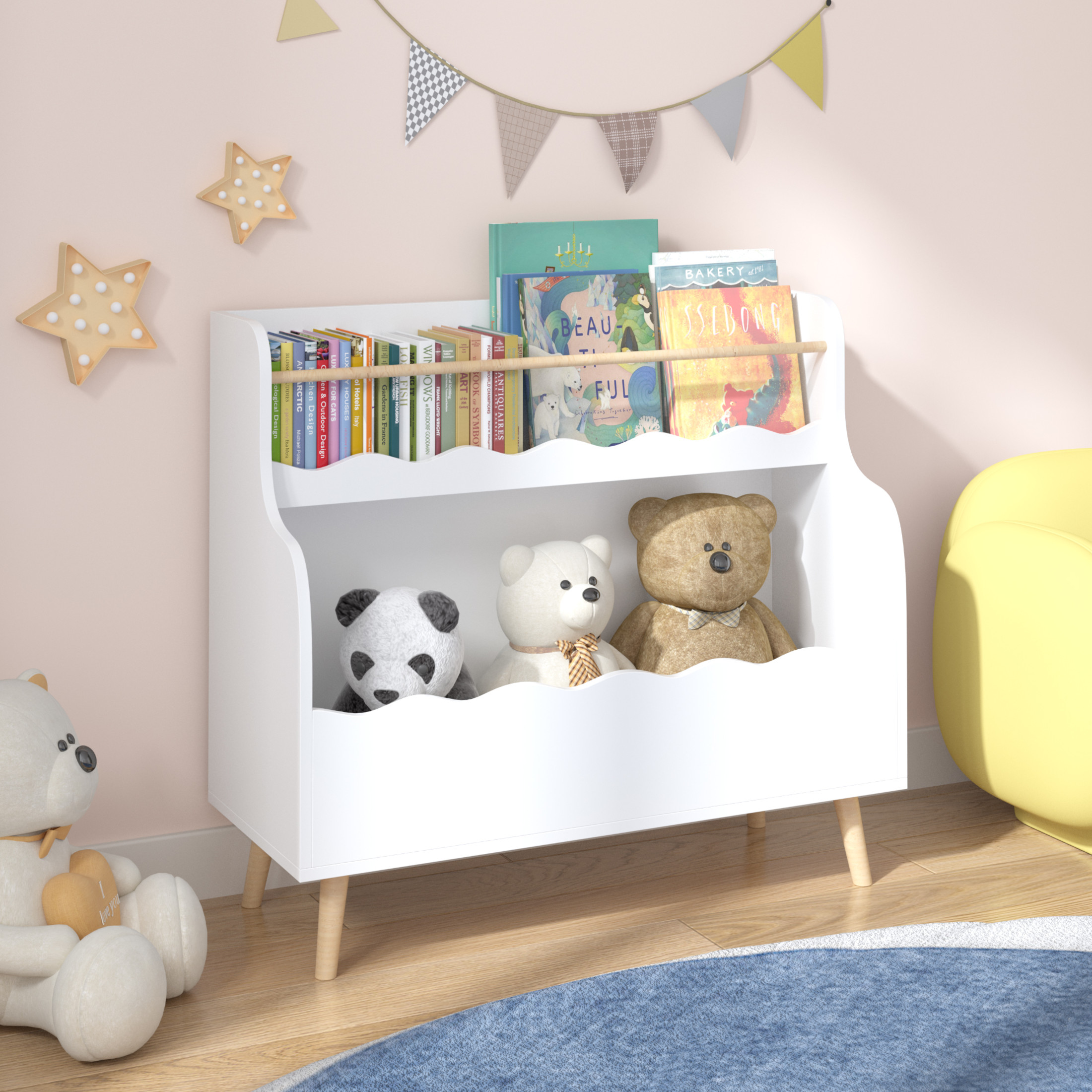 Noble House 31.3" Kids 2-Tier Bookcase with Rod, Wavy Front Book and Toy Storage Cabinet Organizer, Kid Room, White