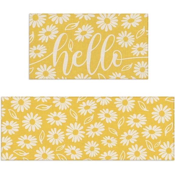 Yellow Daisy Spring Kitchen Rugs Set of 2 Flower Door Mat White Floral Non Slip Floor Rugs for Home Kitchen Room Decor Supplies