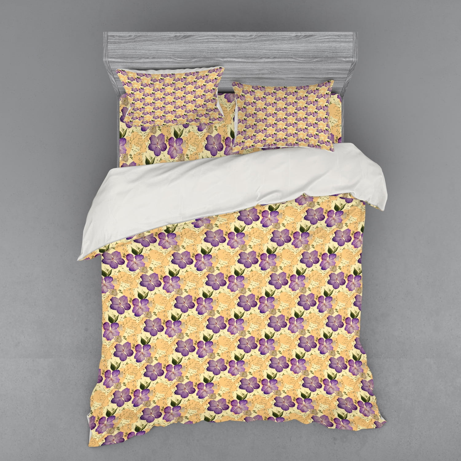 Floral Duvet Cover Set, Romantic Purple Orchids with Tiny Wild Flowers