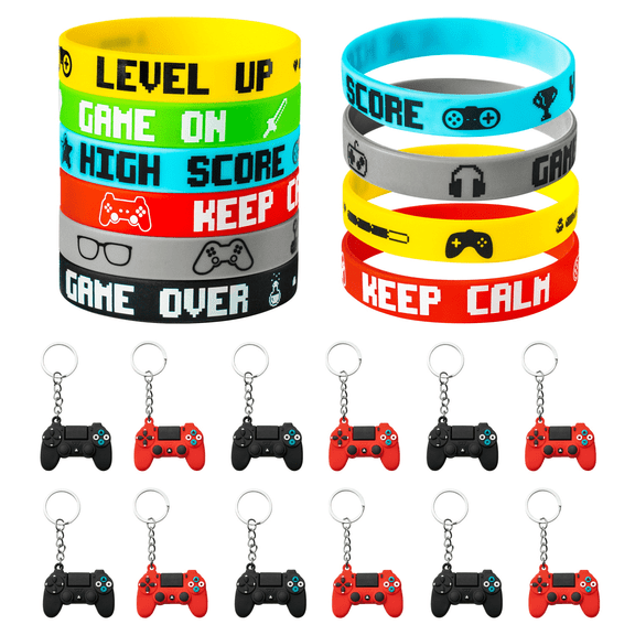 GROBRO7 Game Themed Rubber Keychain and Silicone Bracelet Set - 24 Count, Multicolored, Birthday Party Favors
