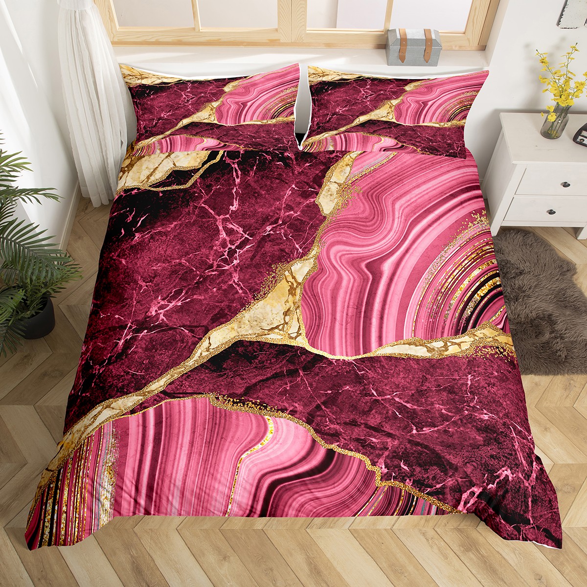 YST Pink Marble Duvet Cover Full, Gold Crack Bedding Set For Wife