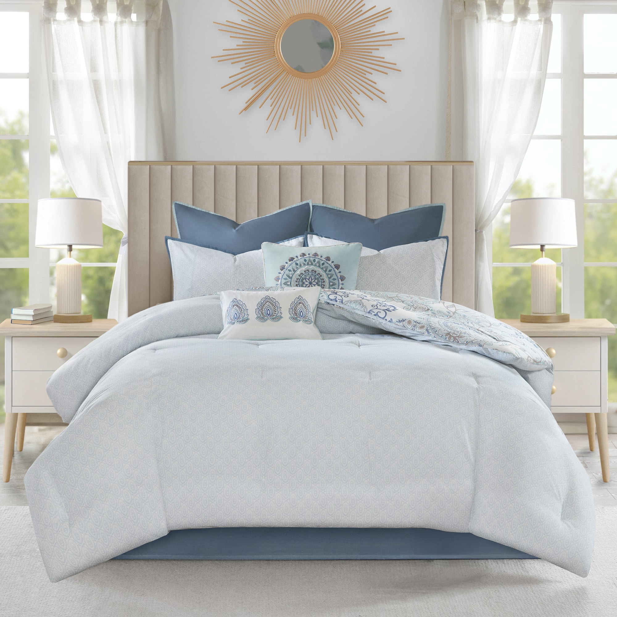 Madison Park 8-Piece Reversible Floral Cotton Comforter Set with Bed Skirt and Decor Pillows, Queen,Blue