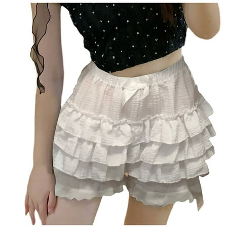 ZHAGHMIN Drawstring Shorts for Women Layered Ruffle Trim Bloomers Shorts Fashion Womens Lace Trim Shorts Cute Tiered Pants Vacation Shorts White SizeS