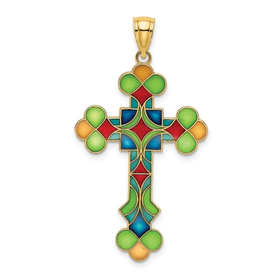 14k Yellow Gold Multi-Color Enameled Cross Pendant
