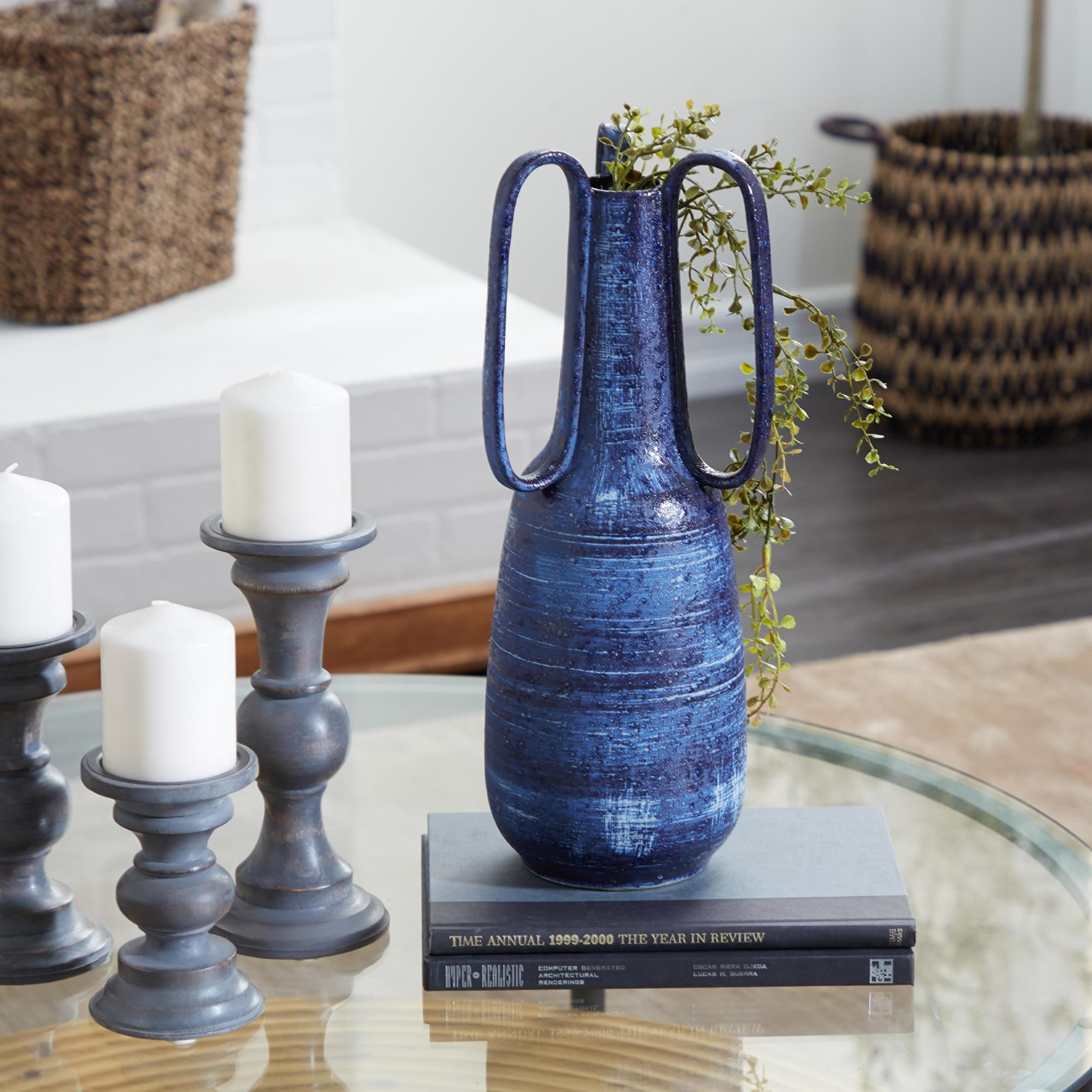 DecMode 17" Blue Ceramic Vase with Handles