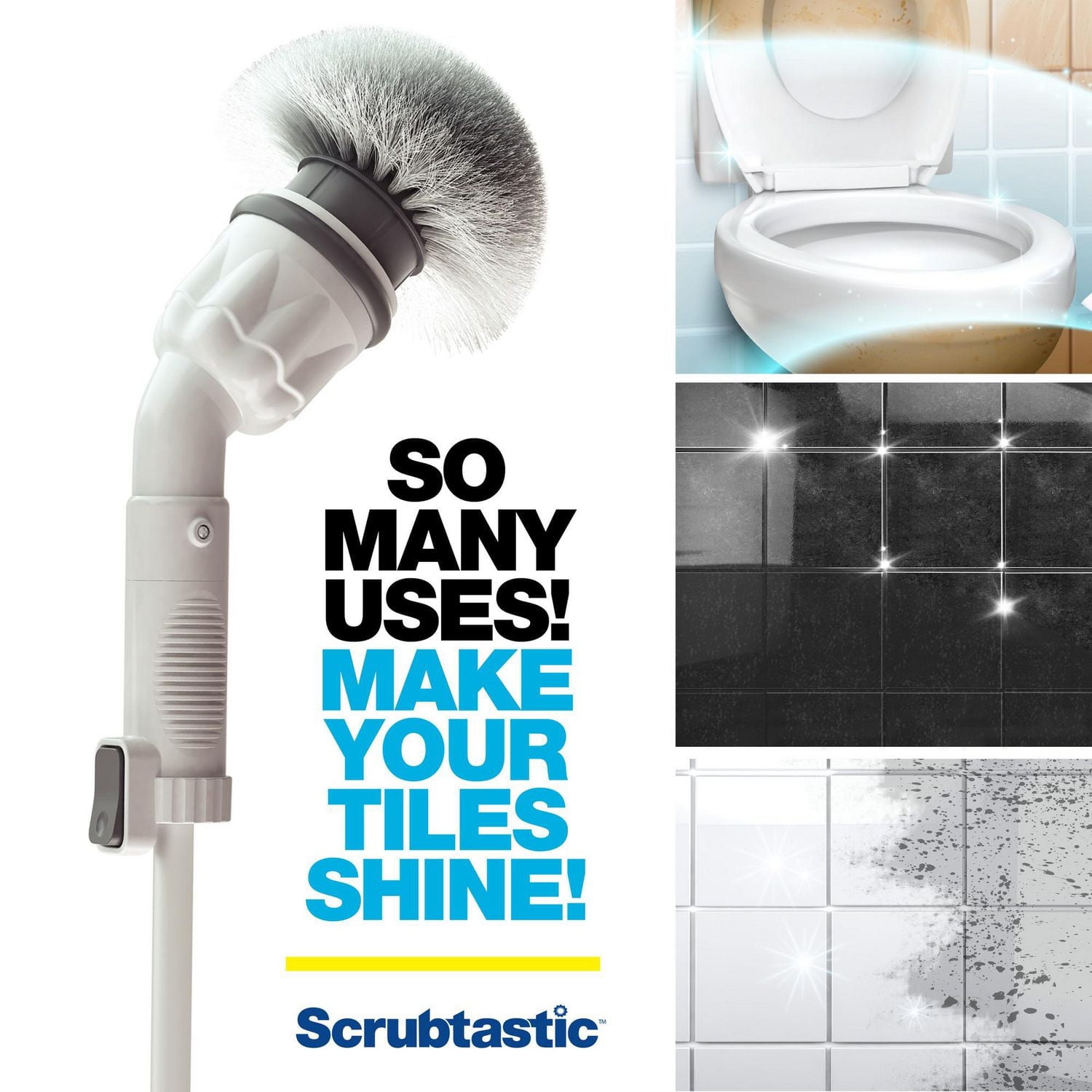 Bell + Howell Scrubtastic Rechargeable Power Scrubber with Extension Handle and 3 Brush Heads for Bathroom, Tile, and Kitchen Cleaning