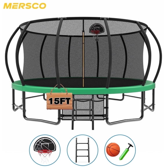 Mersco 15ft Trampoline for Kids Adult,Outdoor Trampoline with Basketball Hoop ,Enclosure Net ,Jumping Trampoline for Boys and Girls Birthday and Festival Gifts,Green
