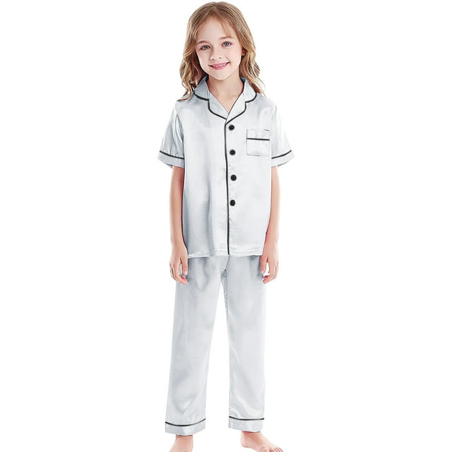 Toddler Girls Silk Pajamas Set Solid Printed Button Down Tops With Pants 2PCS Summer Classic Loungewear Pjs For Girls Size 4-5T