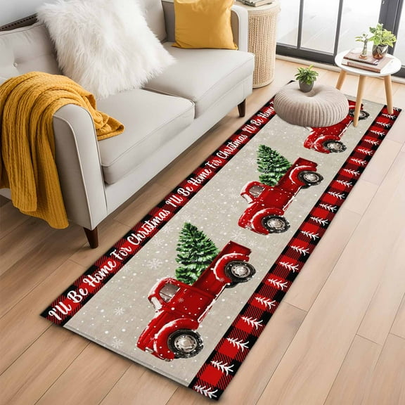 Red Truck Christmas Kitchen Runner Rug 2x6 Washable Runners for Hallway Non Slip Red Black Plaid Xmas Tree Rustic Large Area Rug Indoor Floor Carpet for Bathroom Laundry Entryway Bedroom Living Room
