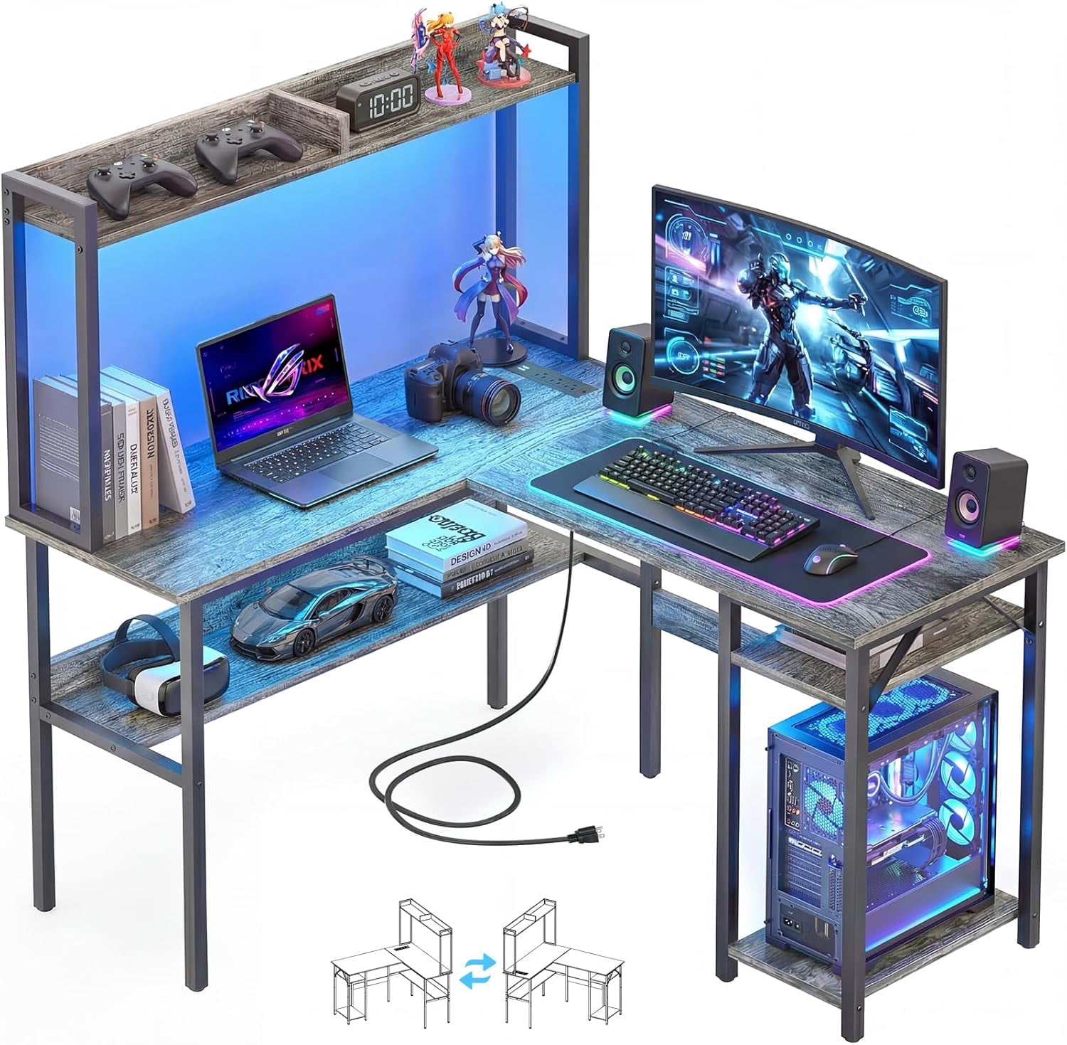Gaming Desk L Shaped, Corner PC Computer Desk with Hutch,RGB LED Lights,Power Outlet,Storage Shelves, 47.2" Reversible Large Surface Table for Bedroom Home Office