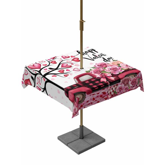 Outdoor Tablecloth with Umbrella Hole and Zipper, Valentine's Day Square Table Cloth 60x60 Inch Waterproof Tablecloth, Love Tree Branch Truck Roses Romantic Picnic Table Cover for Patio Camping