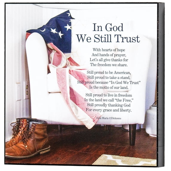 In Him We Trust Patriotic White 6 x 6 MDF Decorative Wall and Tabletop Sign Plaque