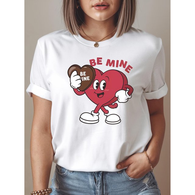 Women's "Be Mine" Valentine's Day T-Shirt - 100% Cotton, Casual Crew Neck, Short Sleeve with Heart & Chocolate Design, Valentine's Day Print, Fashion Tee For Adult, Men, Women, Teen, Teenager, Adoles