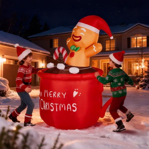 Alvantor 5.9 ft Lighted Gingerbread Man Christmas Inflatable in Hot Cocoa Cup, 3 Warm White LEDs, Outdoor Yard Decor