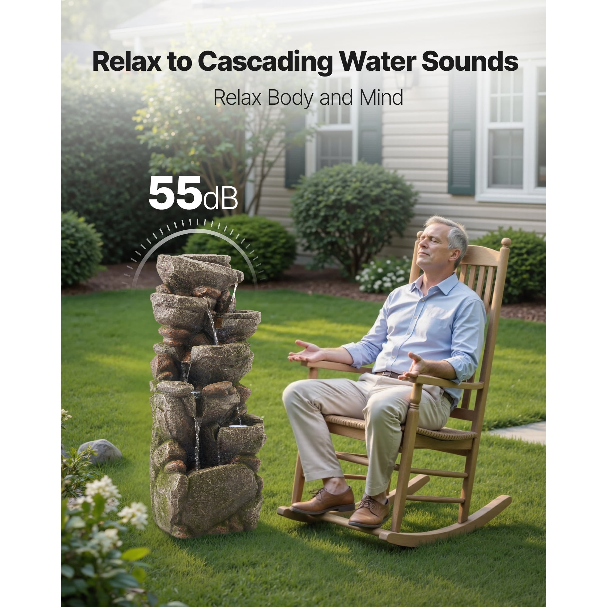 KFFKFF Outdoor Water Fountain, 38.98 in Tall, 7-Tier Rock-Inspired Cascading Design with LED Light and Pump, Ideal for Gardens, Patios, Backyards, and Indoor Spaces