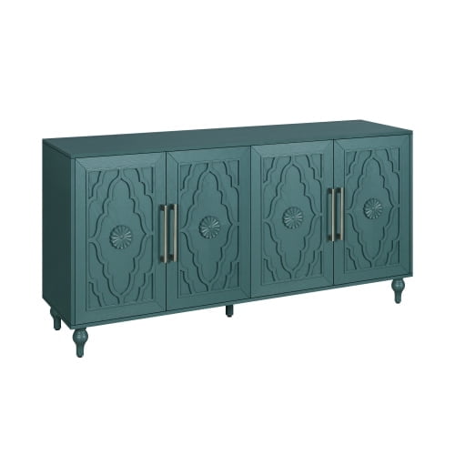 Carved Flower Door Large Storage Cabinet with Metal Handle Suitable for Living Room, Kitchen, Entryway (Blue)
