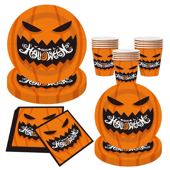 Kicpot Halloween Pumpkin Disposable Paper Tableware Set, Jack-O'-Lantern Printed Party Plates Cups Napkins, Serves 20 Guests for Halloween Party Decorations