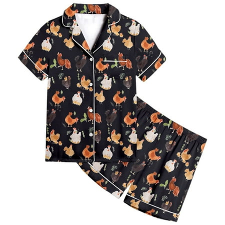 WhouRiu Big Girls Pajama Set Chicken Pattern Short Sleeve Button Shirt Shorts Child Sleepwear Outfits Black.Sizes 12-13